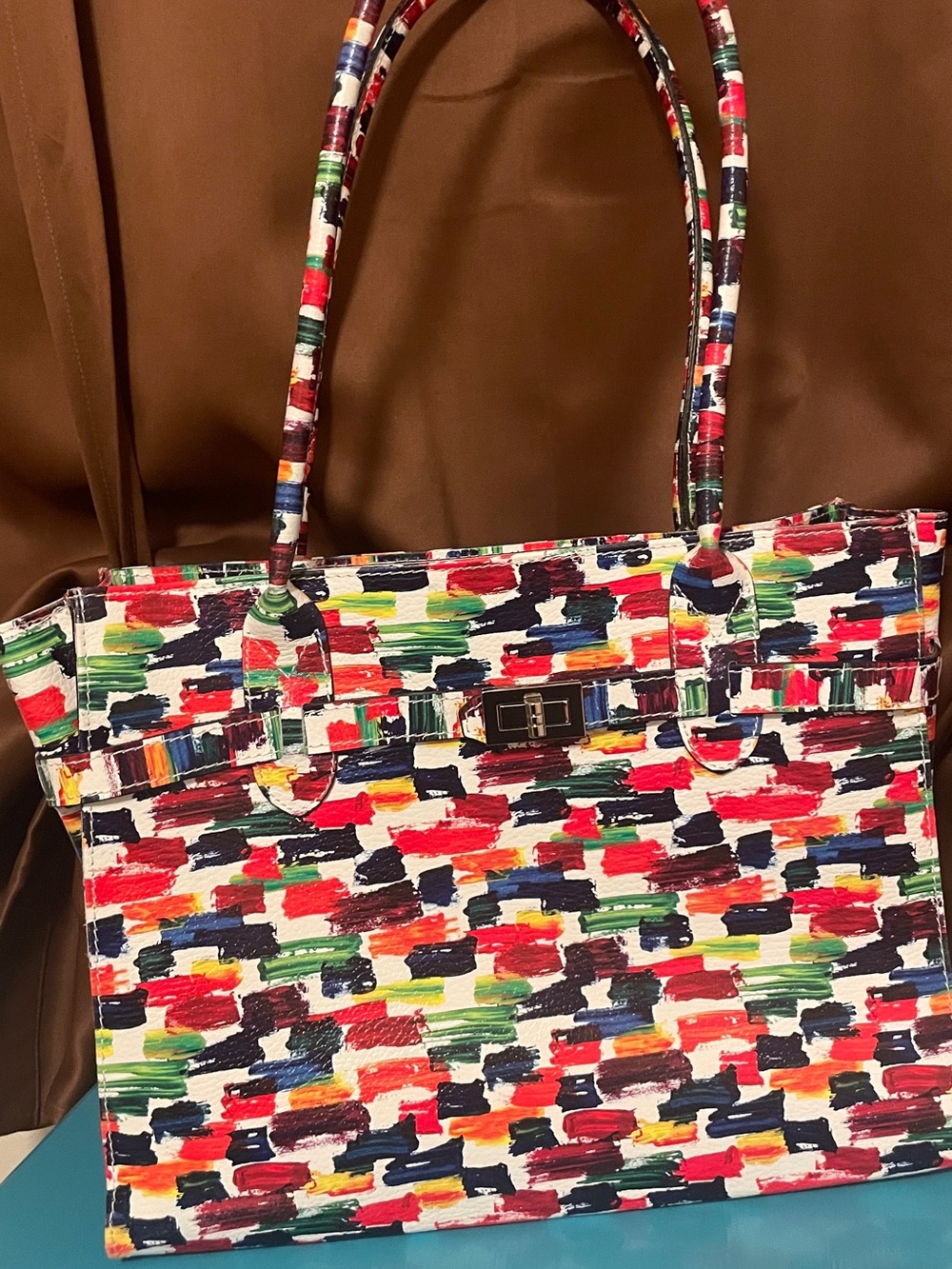 Handmade Italian Leather Multicolor Abstract Brushstroke Statement Satchel Bag